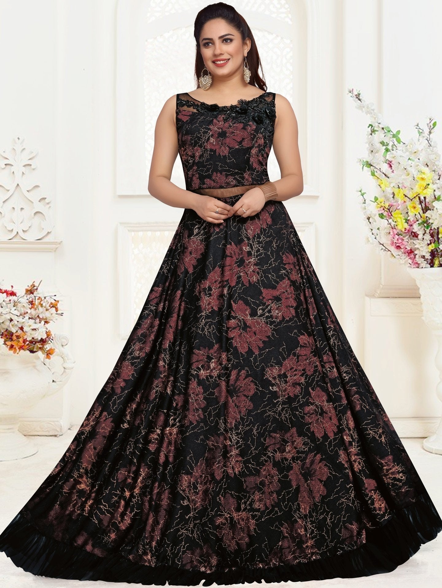Black Lycra Gown with Frill Border and 3D Flowers