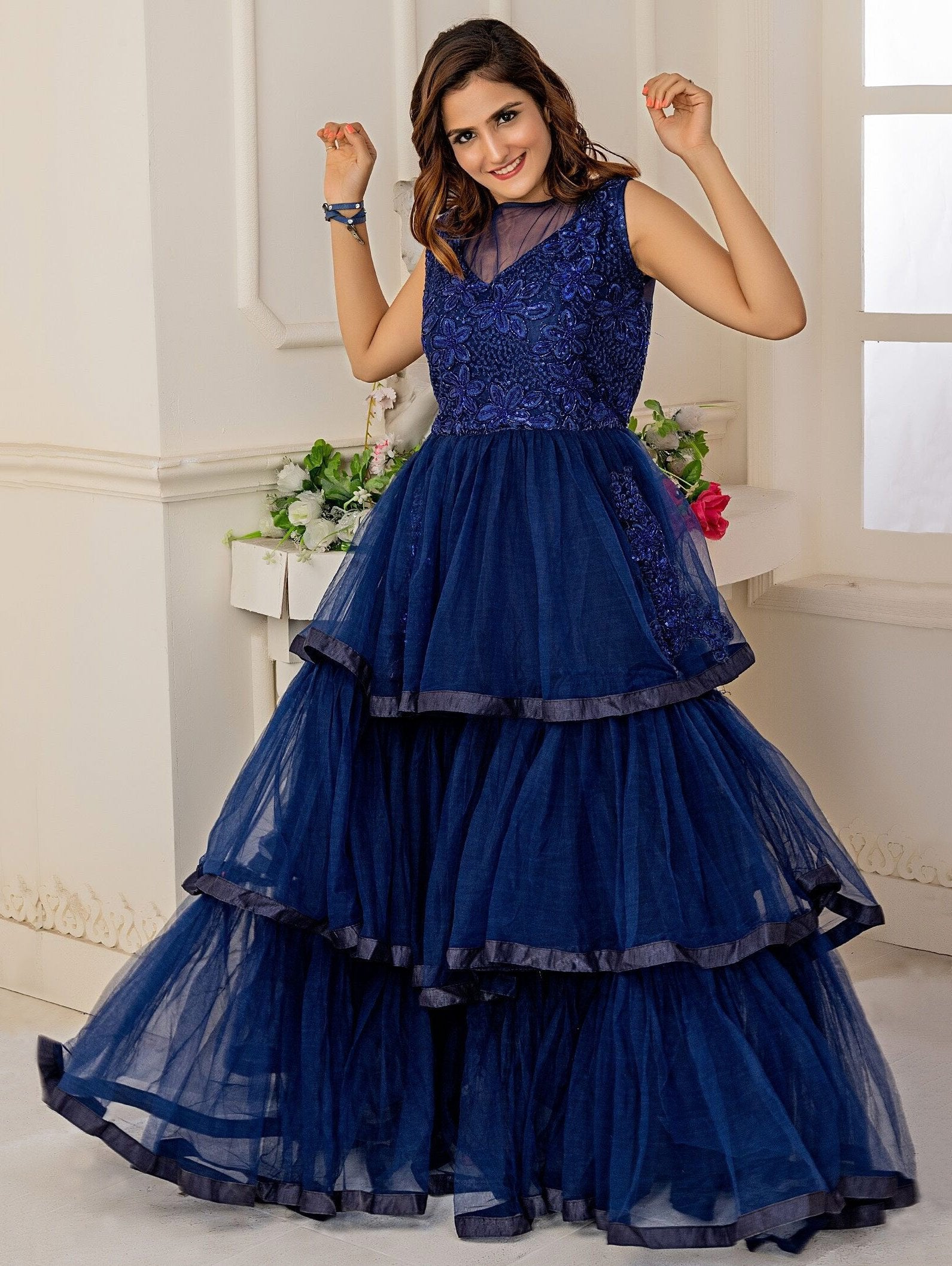 Navy Blue Soft Net Designer Flared Gown with Sequinsed Work