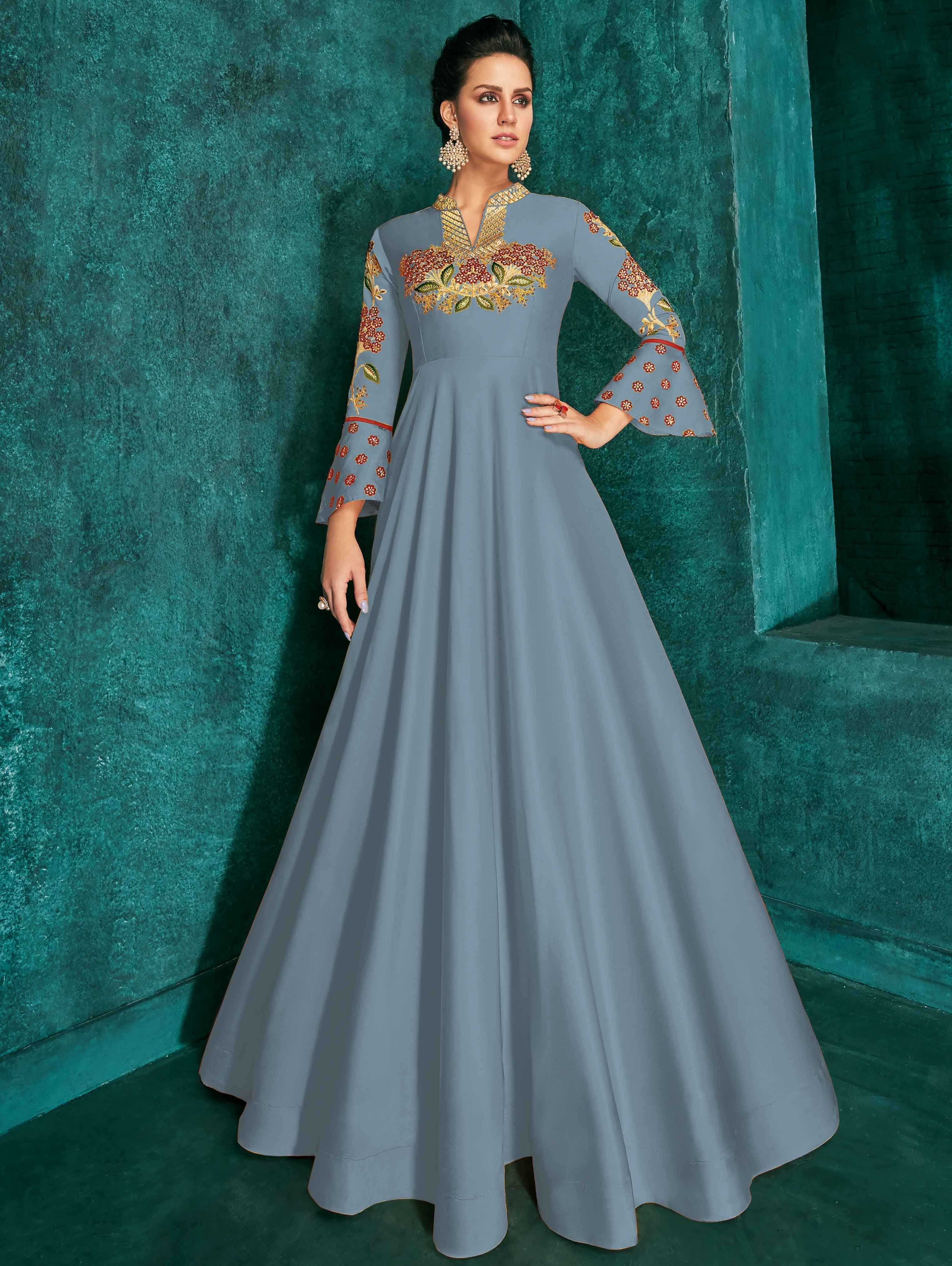 Powder Blue Silk Multi Colored Floral Embroidered Designer Gown