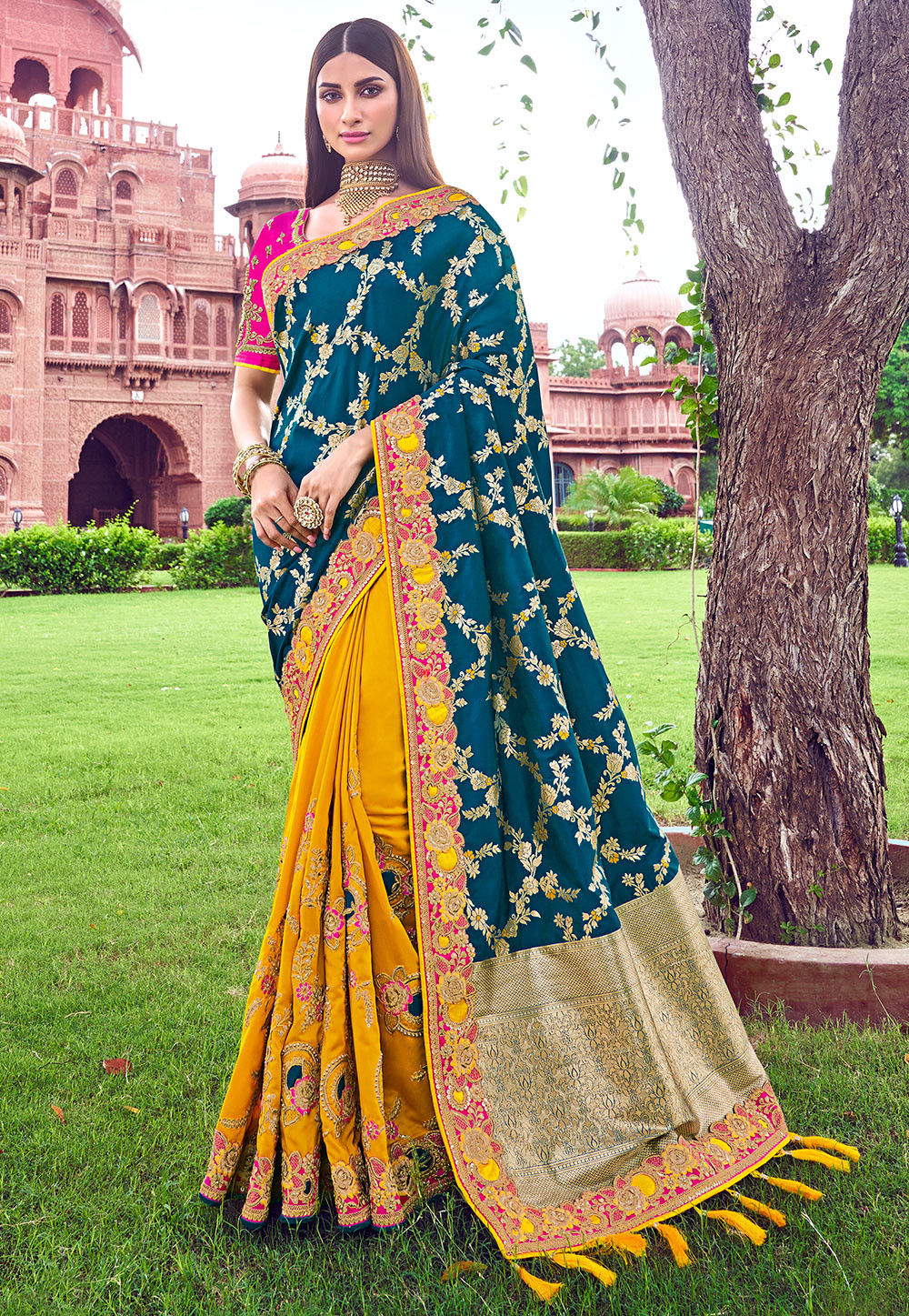 Half N Half Art Silk Saree in Dark Teal Blue and Yellow