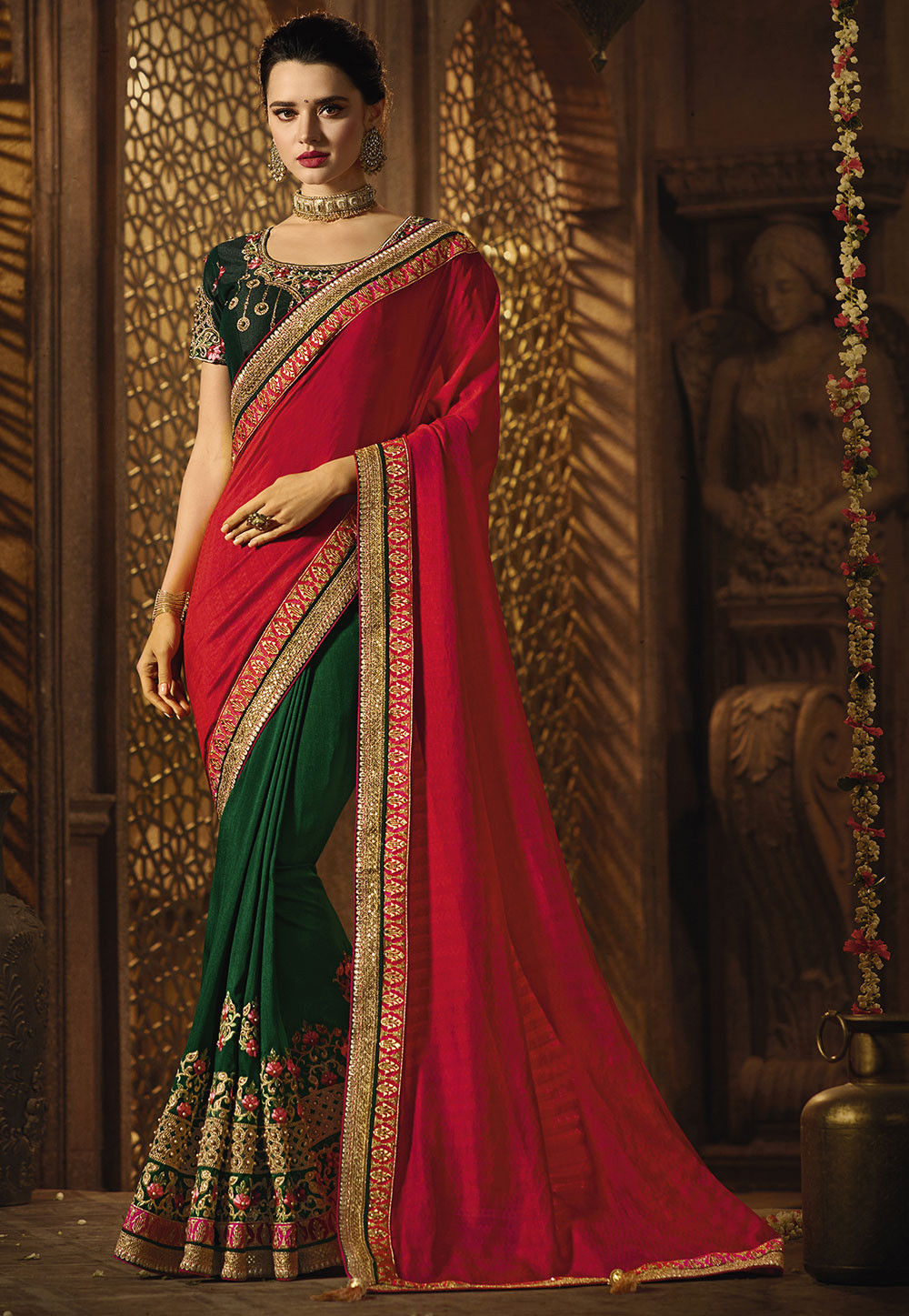 Half N Half Art Silk Saree in Fuchsia and Green
