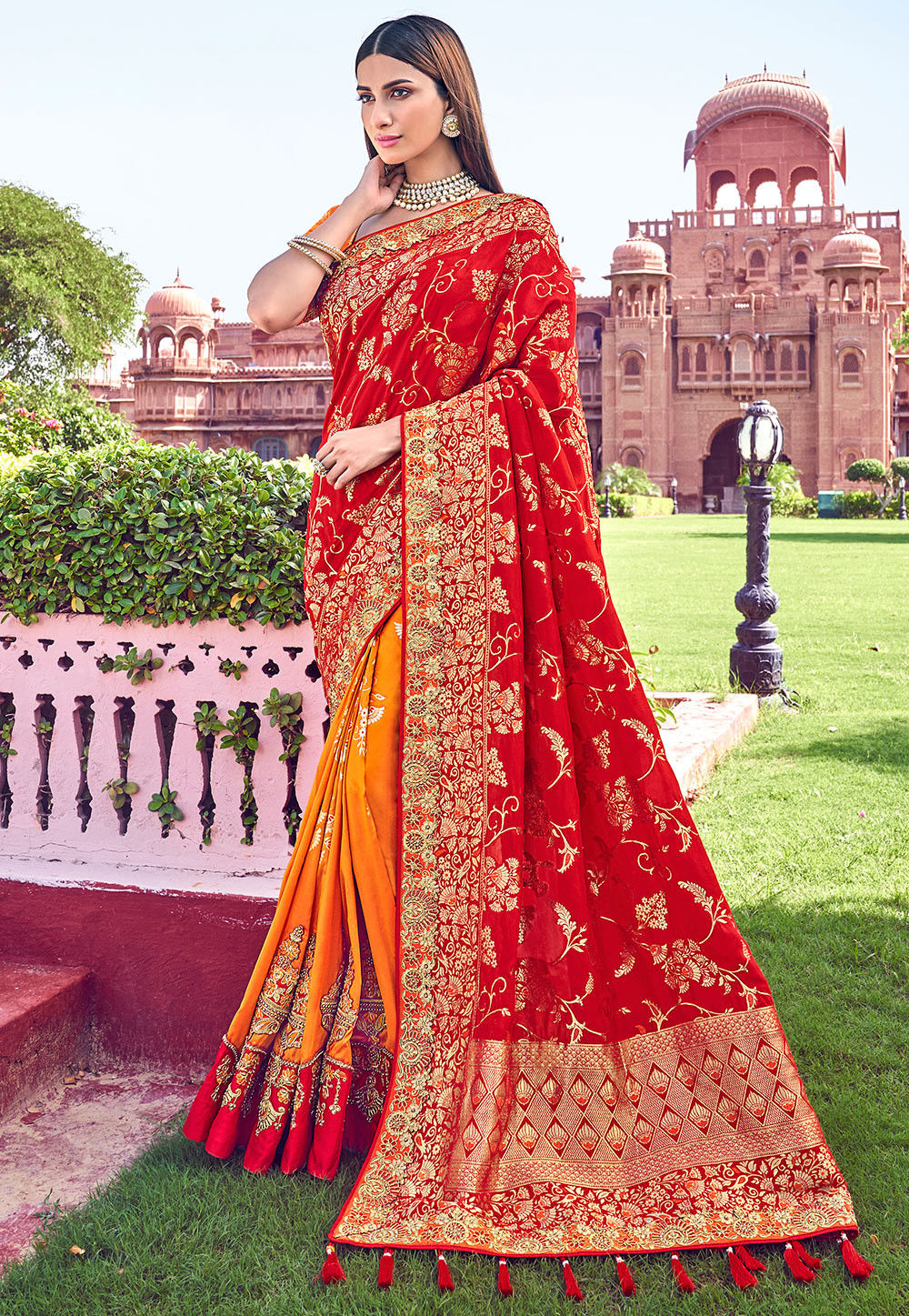 Half N Half Art Silk Saree in Red and Orange