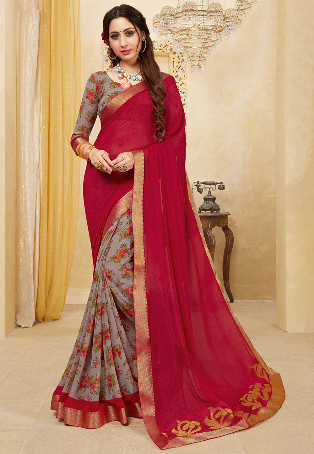 Half N Half Georgette Saree in Maroon and Grey