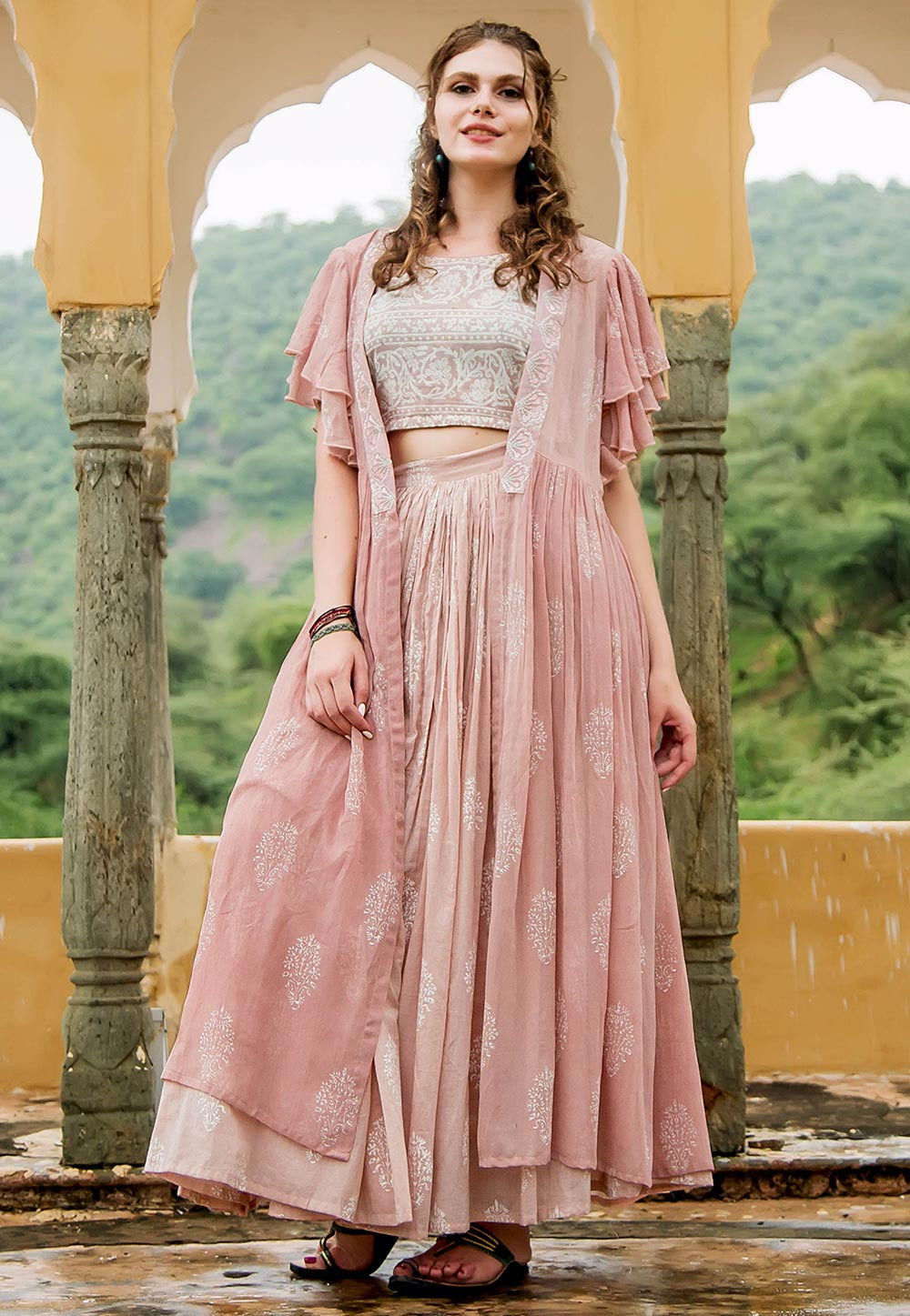 Hand Block Printed Modal Cotton Crop Top with Skirt in Pink