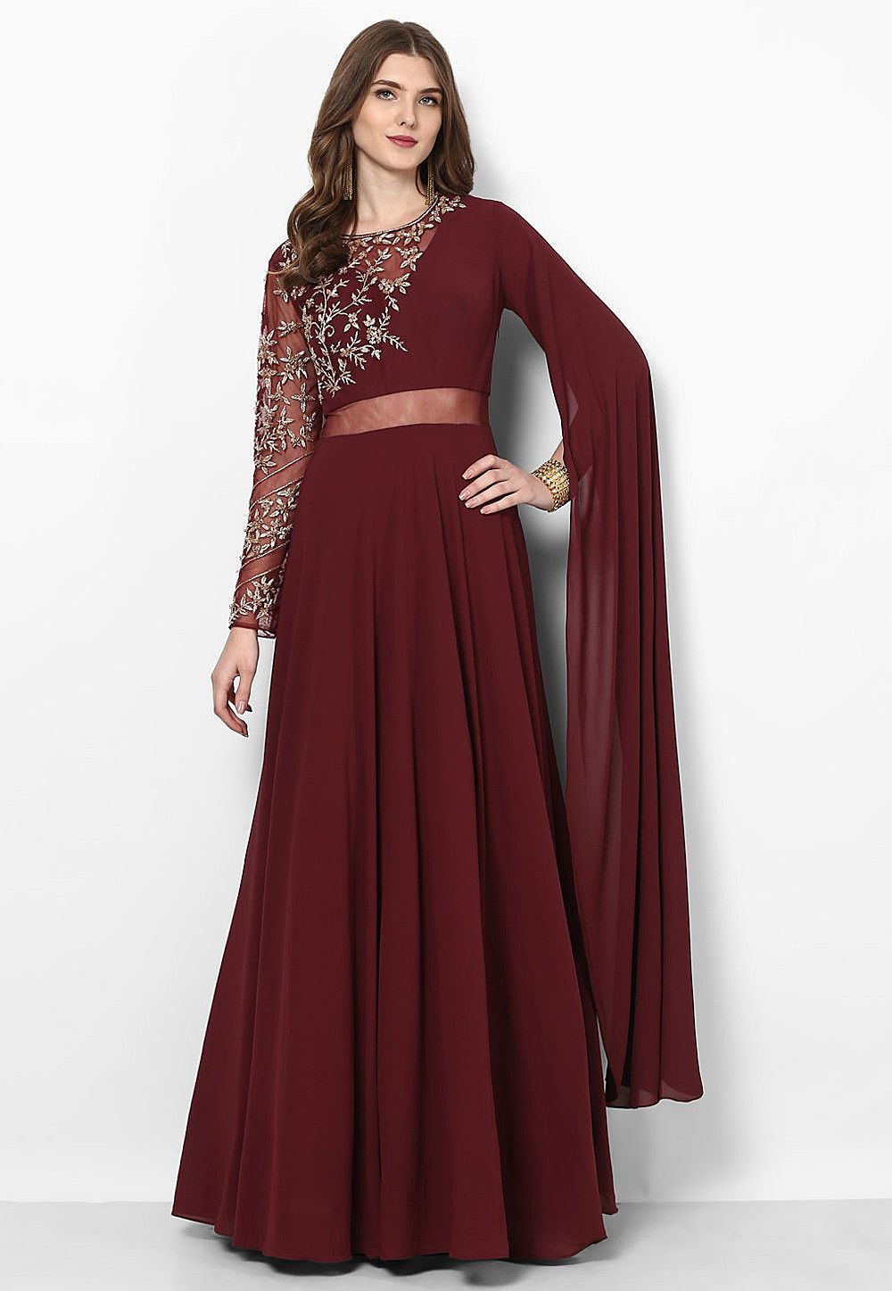 Hand Embroidered Georgette Flared Gown in Maroon