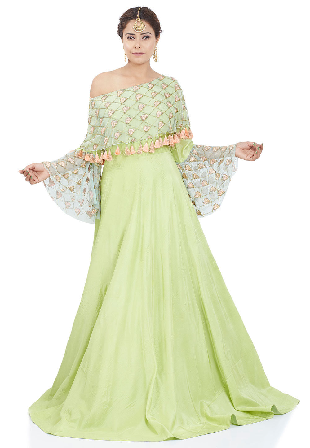 Hand Embroidered Upadda Silk Cape Style Gown in Pastel Green