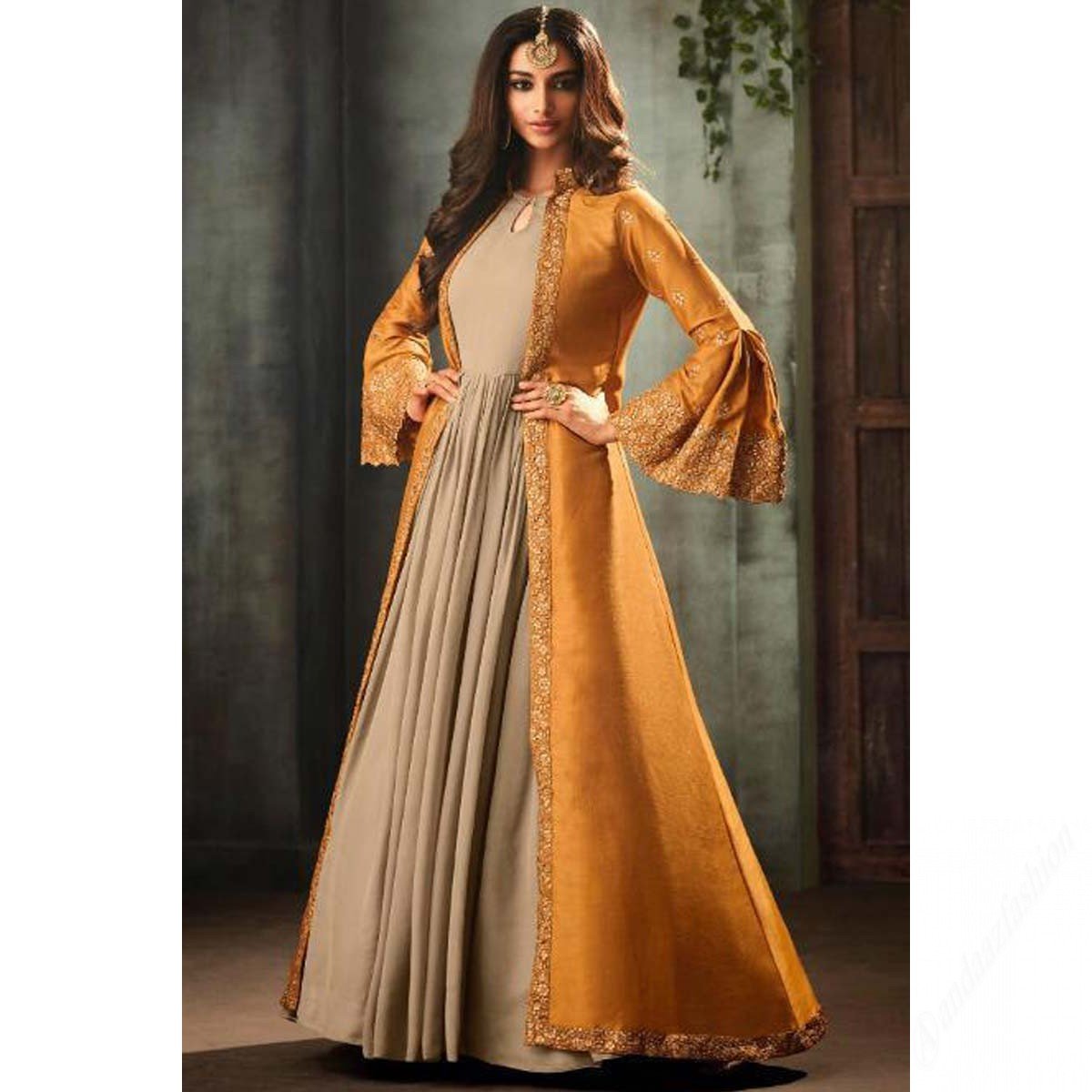 Hazelwood Beige Silk Gown With Turmeric Yellow Jacket