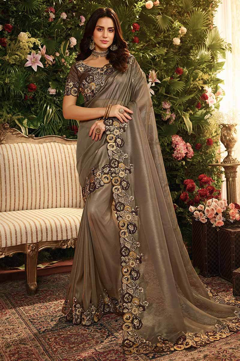 Hazelwood Brown Organza Saree With Raw Silk Blouse