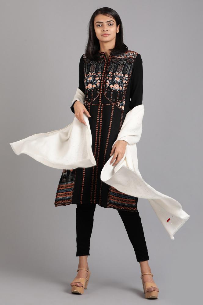 Black Mandarin Neck Yarn-dyed Winter Kurta