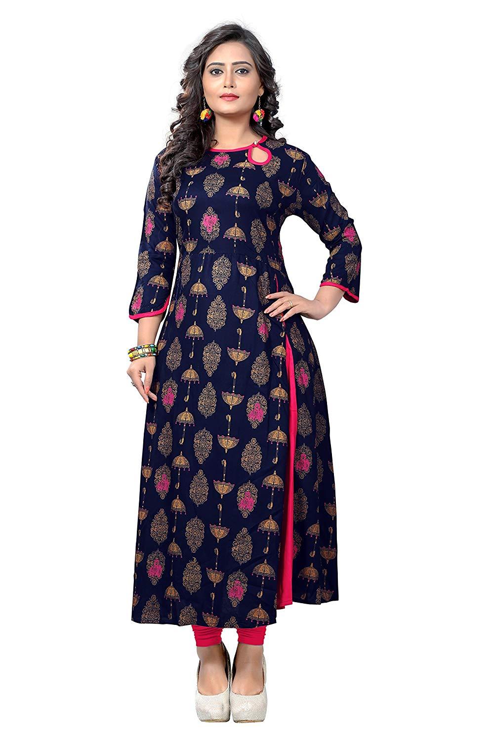 NAVY-BLUE PRINTED COTTON KURTI