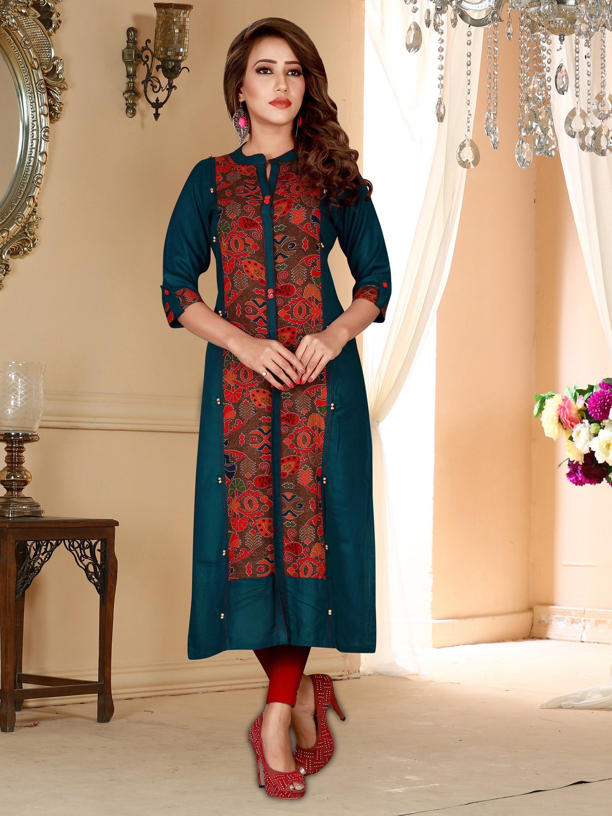 MULTICOLOR PRINTED RAYON ETHNIC-KURTIS