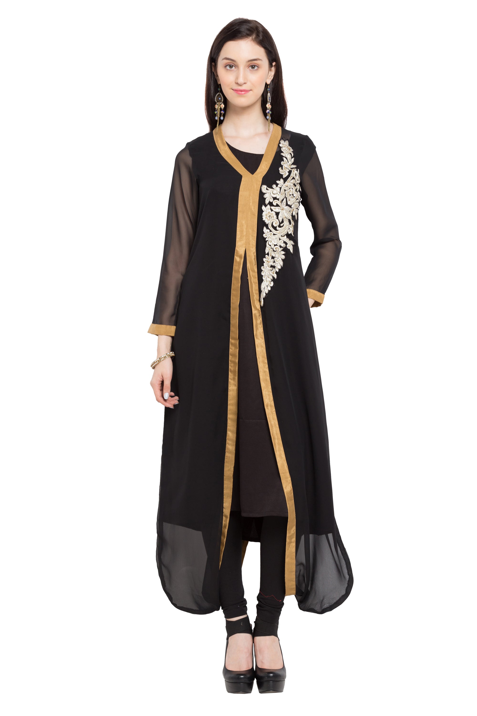 BLACK EMBROIDERED GEORGETTE STITCHED LONG-KURTIS