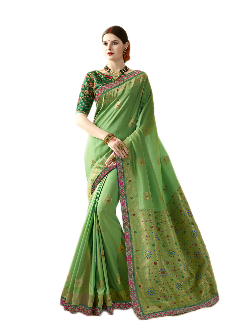 GREEN EMBROIDERED BANARASI SILK SAREE WITH BLOUSE