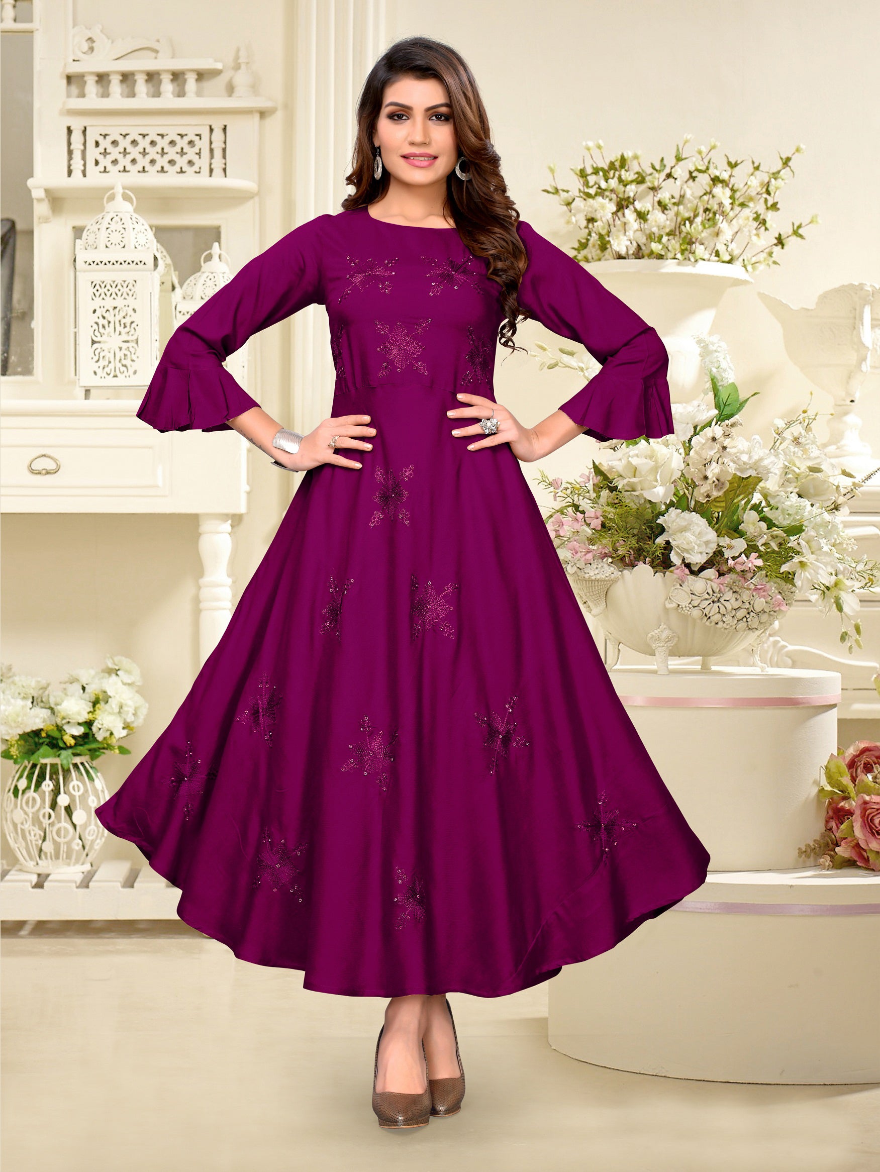 PURPLE EMBROIDERED RAYON PARTY-WEAR-KURTIS