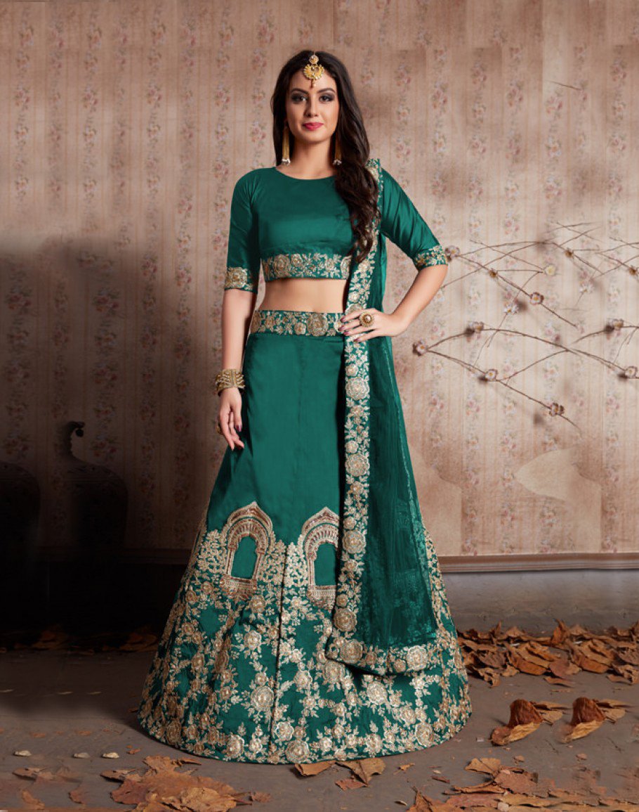 GREEN EMBROIDERED ART SILK UNSTITCHED LEHENGA