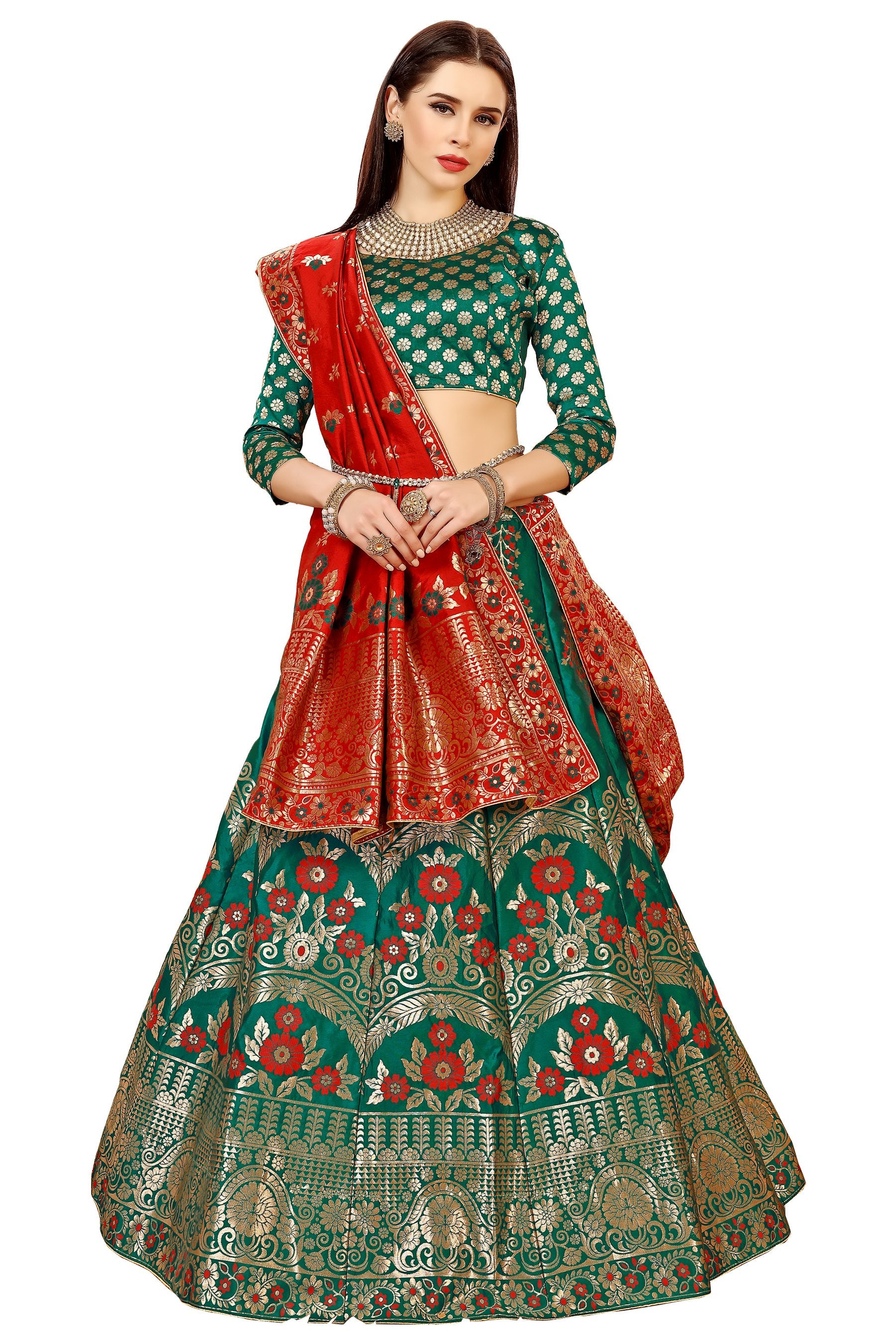 GREEN JACQUARD SILK SEMI STITCHED LEHNEGA WITH DUPATTA