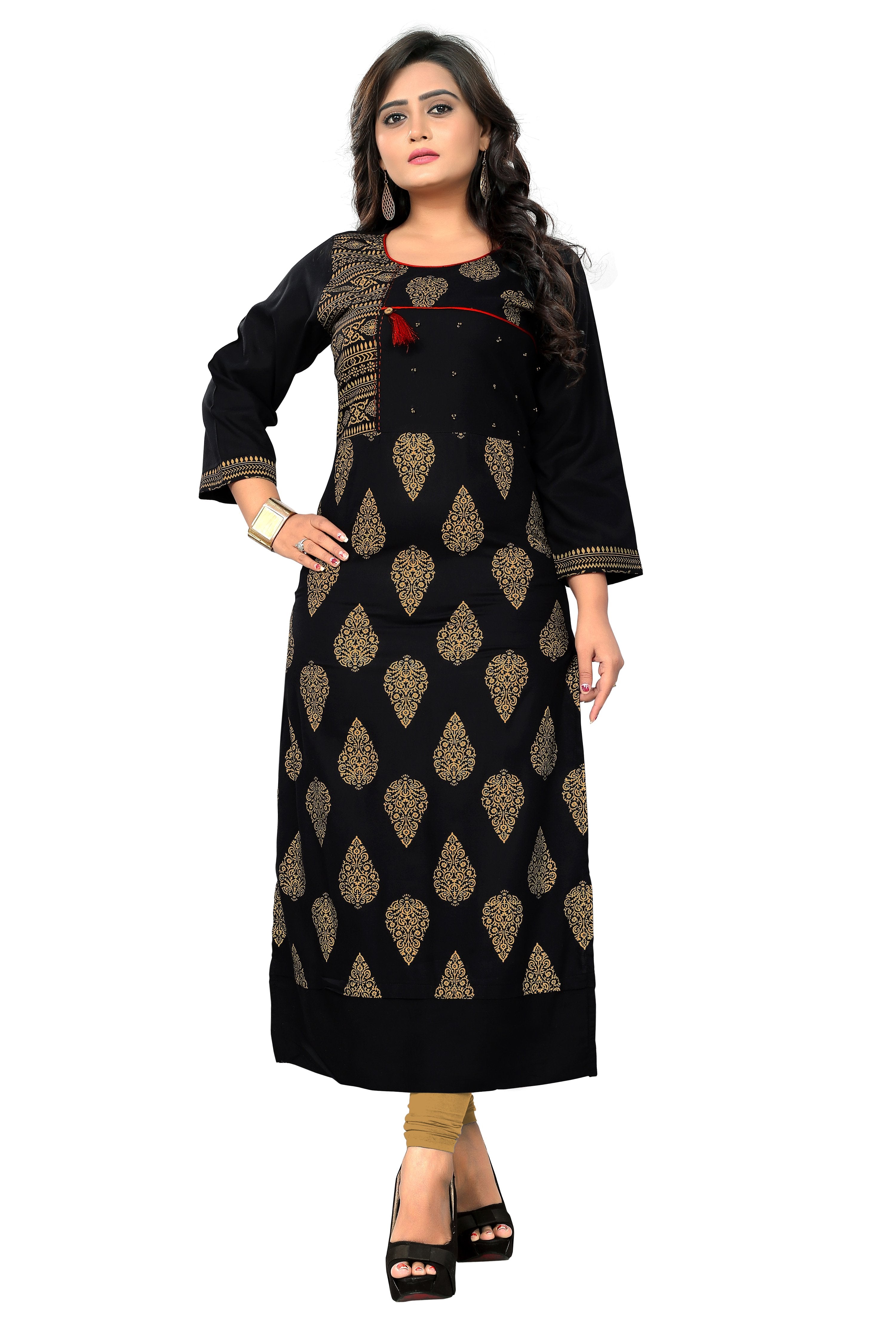 BLACK PRINTED RAYON KURTI