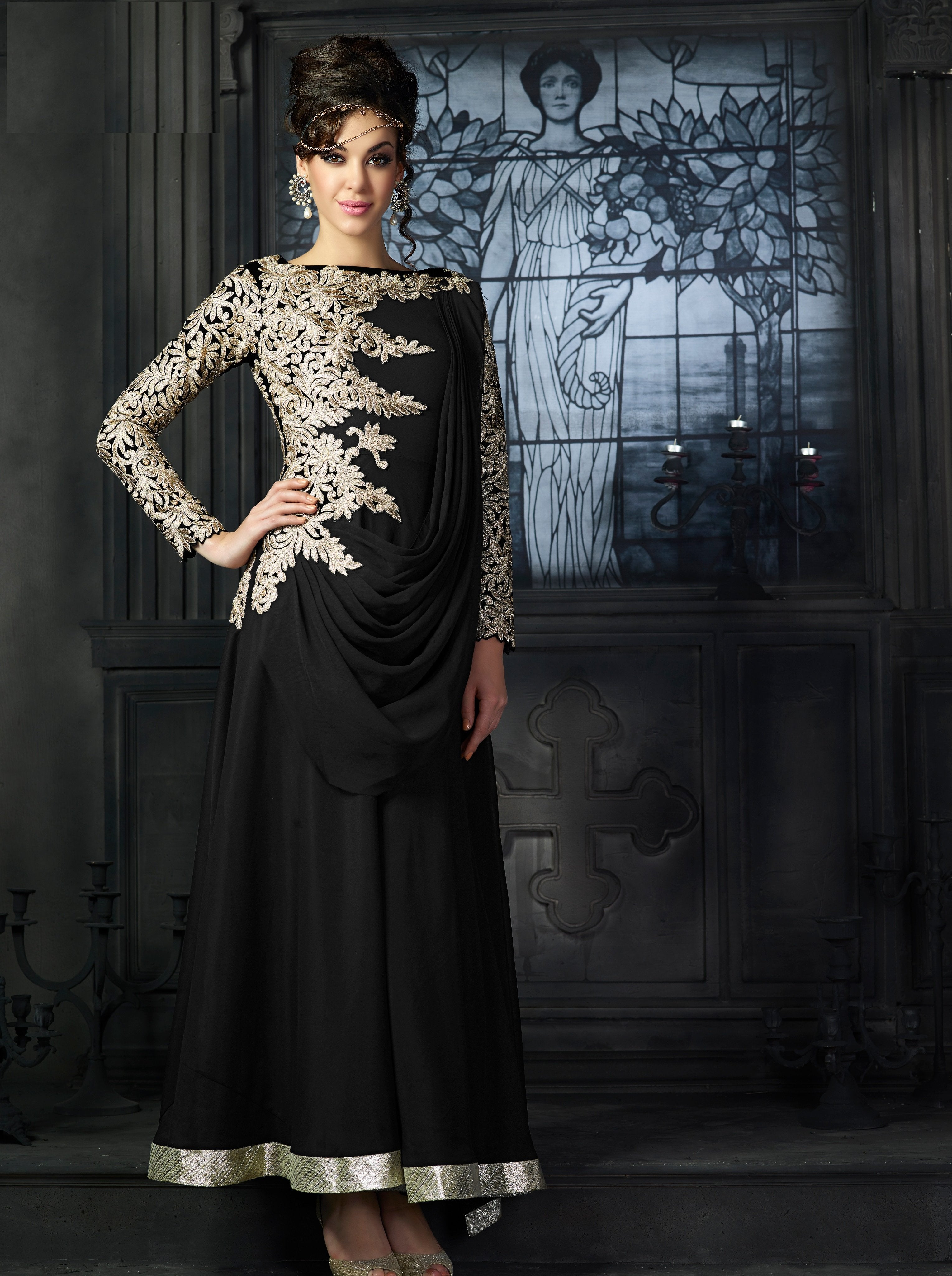 BLACK MULTI RESHAM WORK GEORGETTE SALWAR SEMI STITCHED