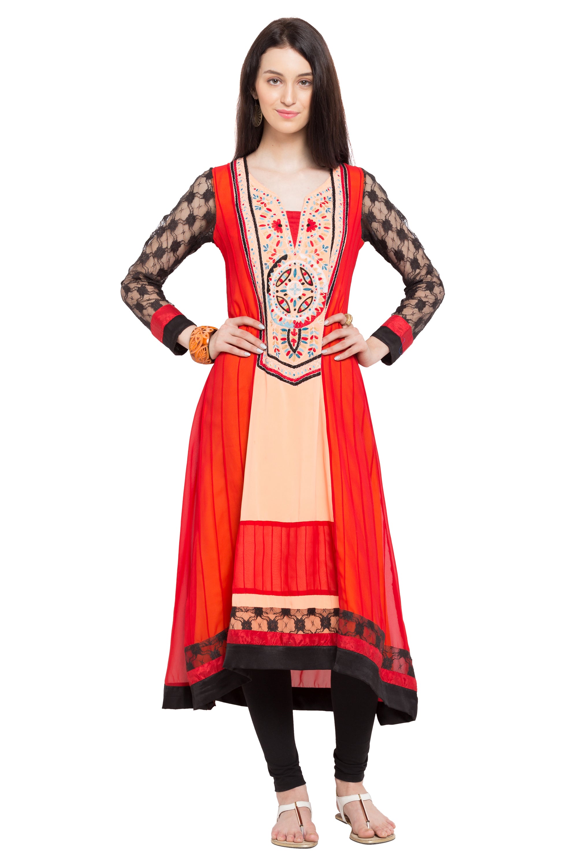 ORANGE EMBROIDERED GEORGETTE STITCHED LONG-KURTIS