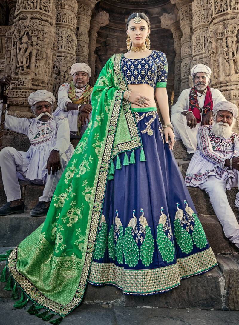 NAVY-BLUE EMBROIDERED SILK SEMI STITCHED LEHENGA