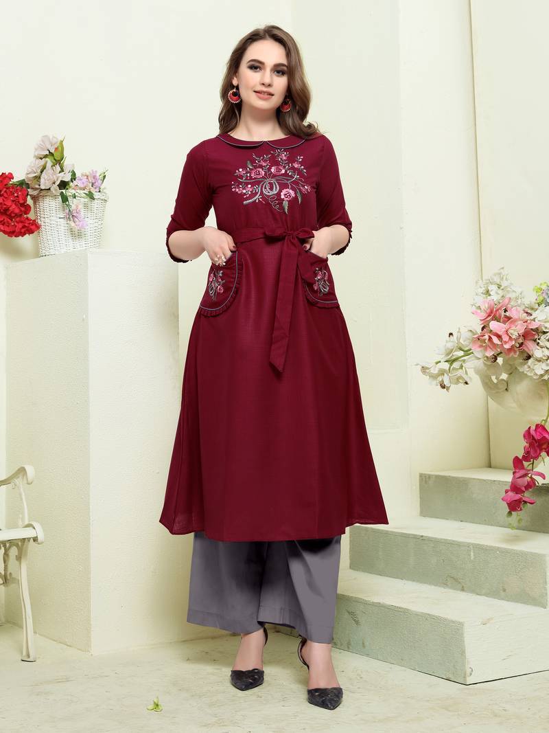 DARK-MAROON EMBROIDERED SILK EMBROIDERED KURTI