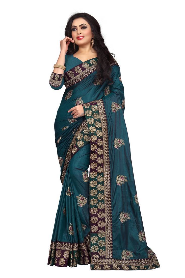 TEAL EMBROIDERED SILK SAREE WITH BLOUSE