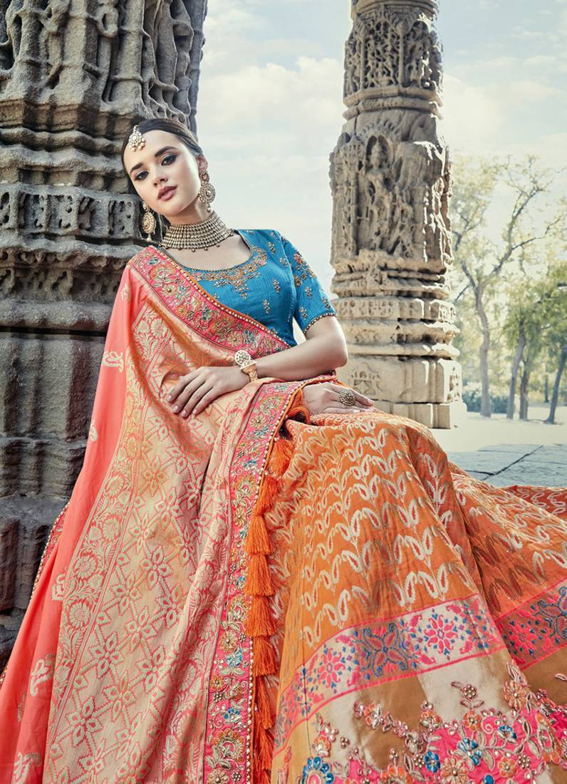 ORANGE EMBROIDERED SILK SEMI STITCHED LEHENGA