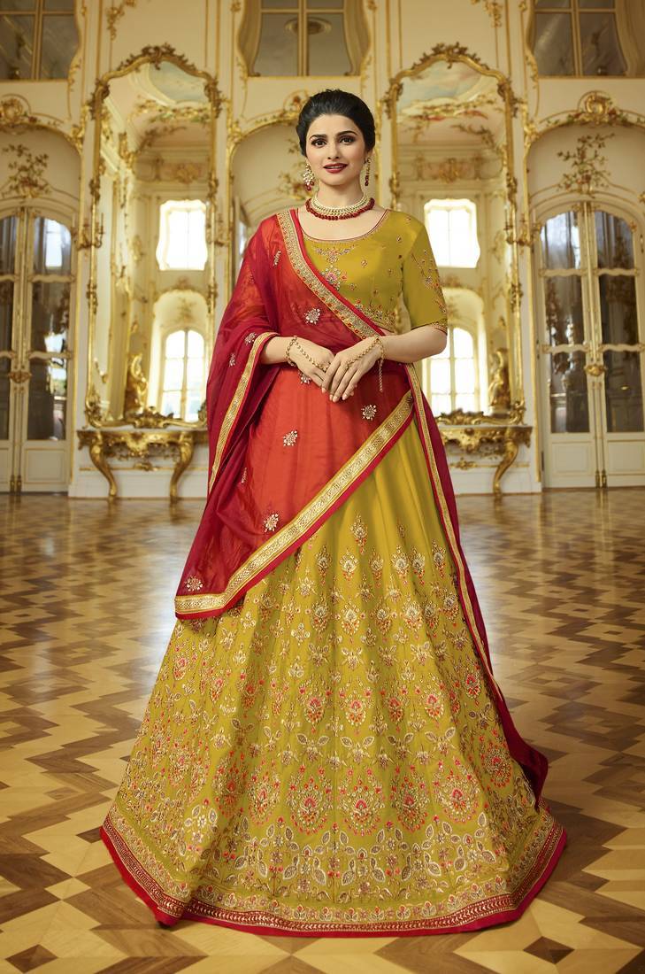 GOLD EMBROIDERED SILK SEMI STITCHED LEHENGA WITH DUPATTA