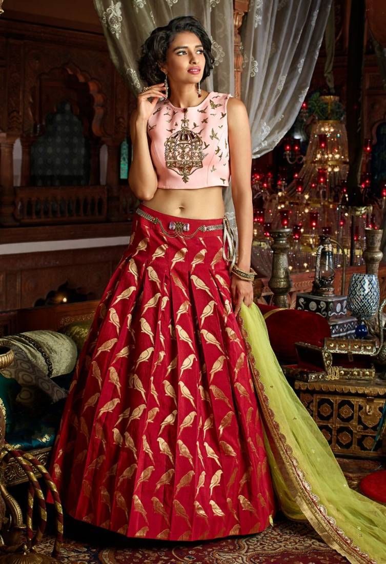 MAROON HANDWORK ART SILK UNSTITCHED LEHENGA