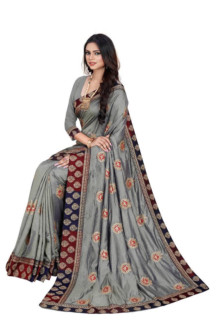 GREY EMBROIDERED SILK SAREE WITH BLOUSE
