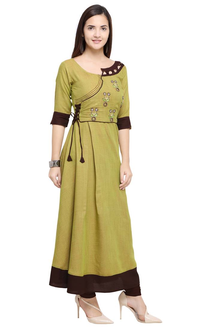 GREEN EMBROIDERED RAYON LONG KURTI