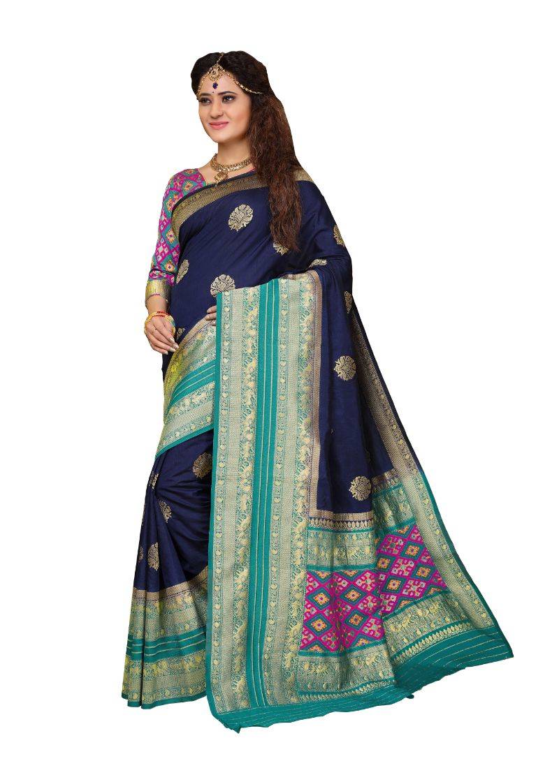 NAVY BLUE WOVEN JACQUARD SAREE WITH BLOUSE