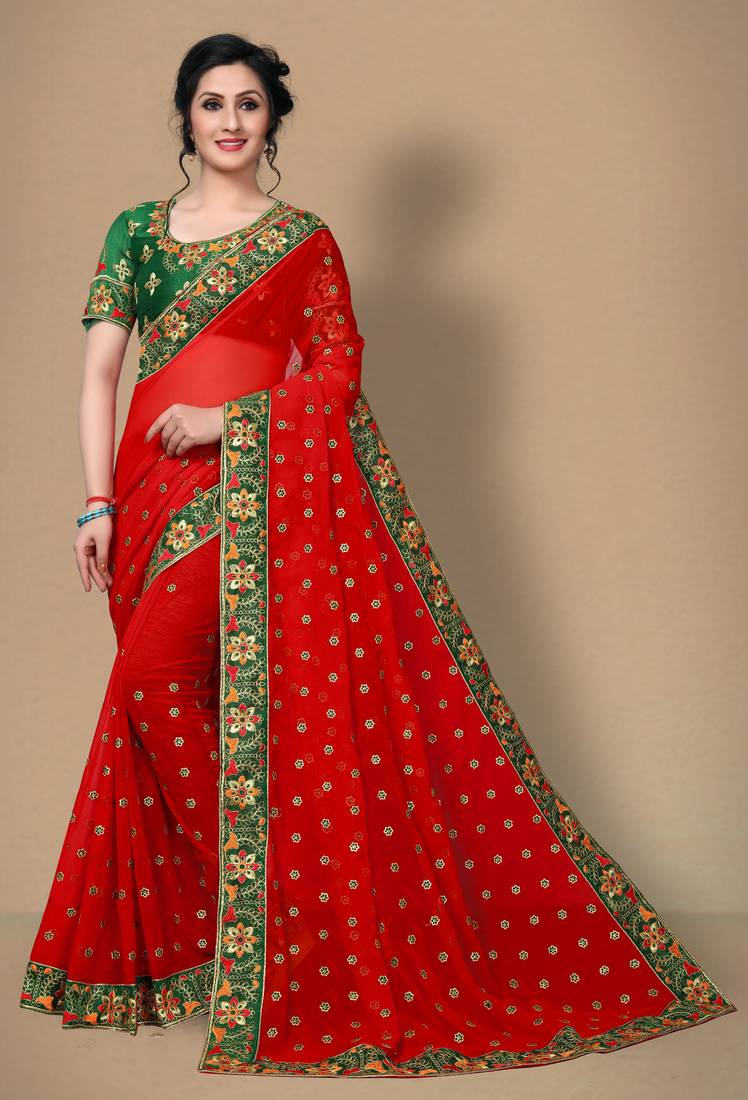RED EMBROIDERED GEORGETTE SAREE WITH BLOUSE