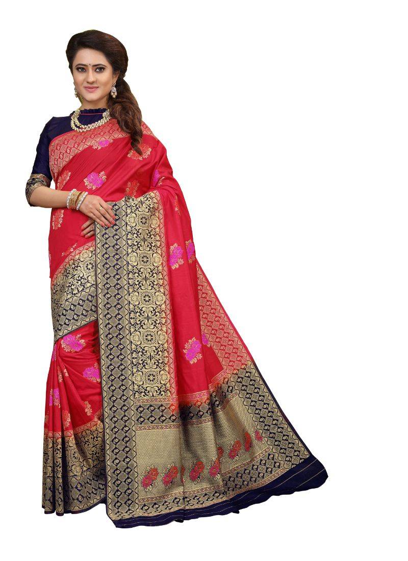 RED WOVEN JACQUARD SAREE WITH BLOUSE