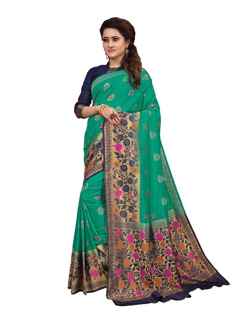 SEA GREEN WOVEN JACQUARD SAREE WITH BLOUSE