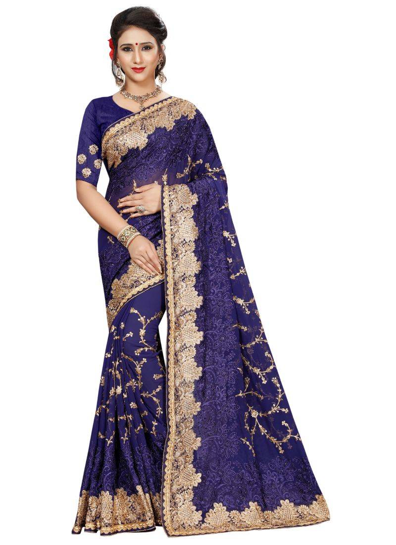 NAVY BLUE EMBROIDERED GEORGETTE SAREE WITH BLOUSE