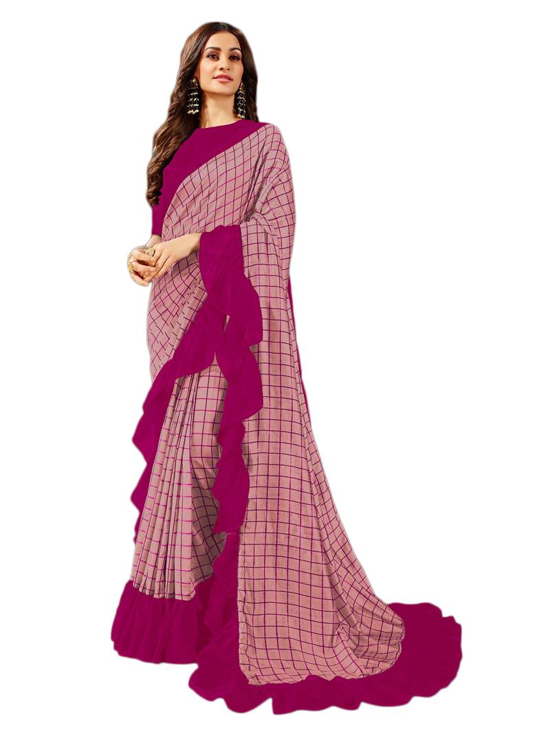 DARK PINK PRINTED ART SILK SAREE WITH BLOUSE