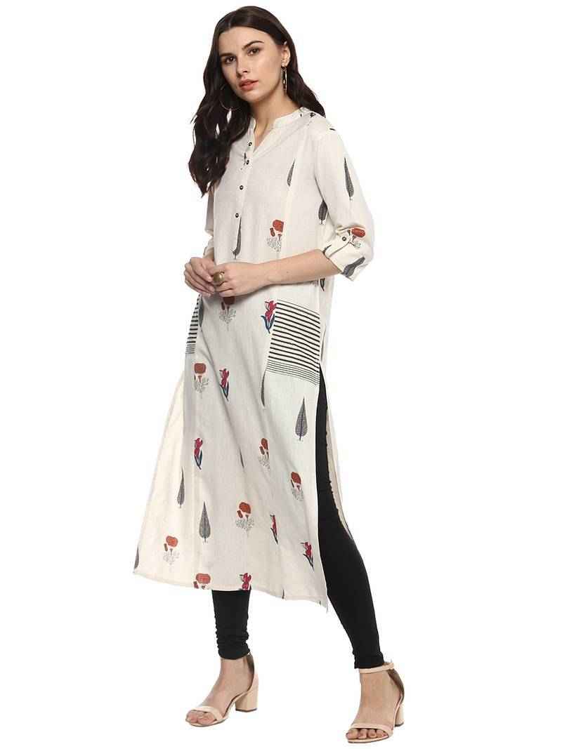 OFF-WHITE PRINTED KHADI COTTON KURTIS