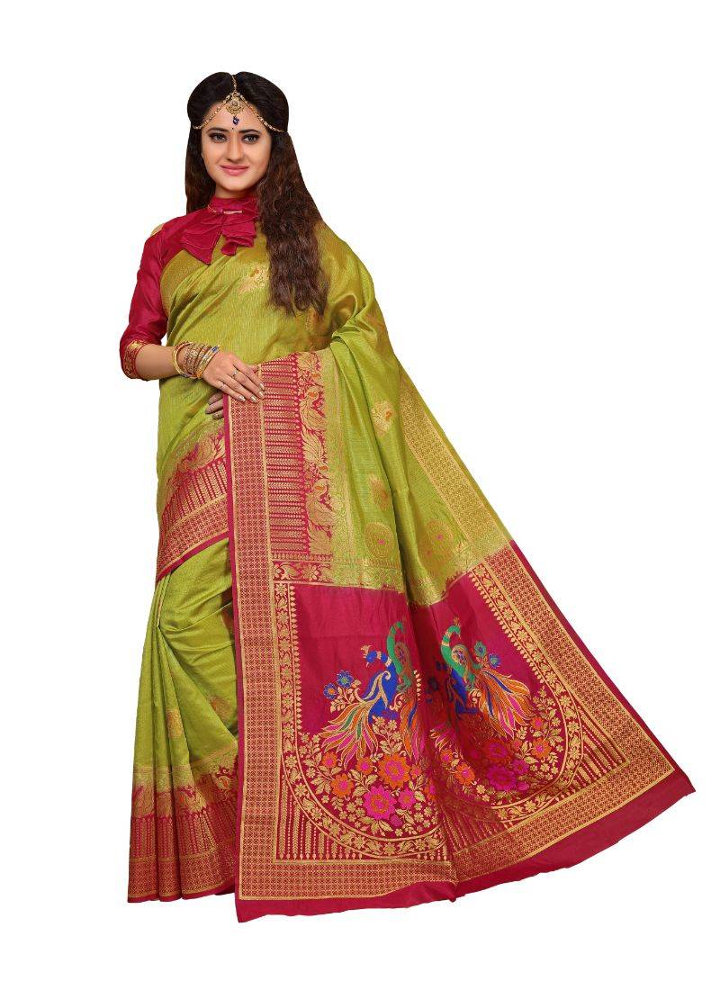 GREEN WOVEN JACQUARD SAREE WITH BLOUSE