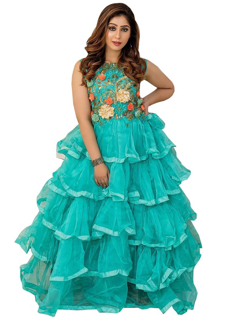SEA-GREEN EMBROIDERED NET Gown