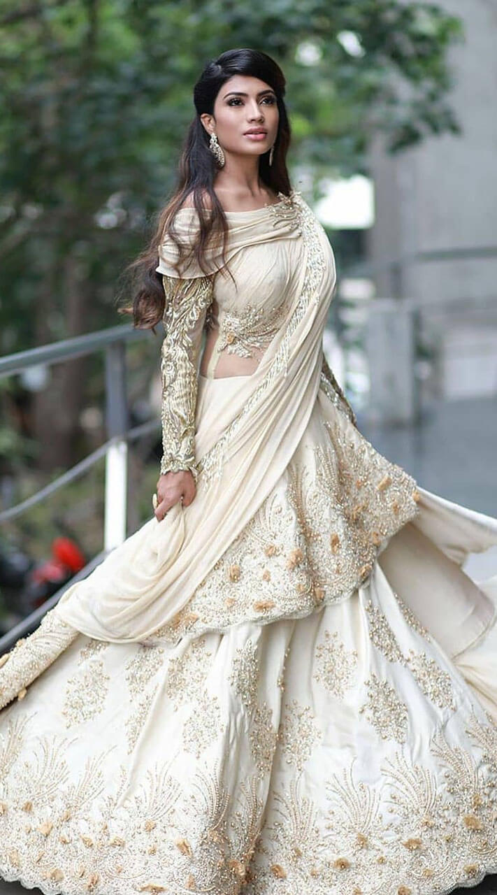 Ivory Taffeta Silk Off Shoulder Indo Western Gown for Bridal