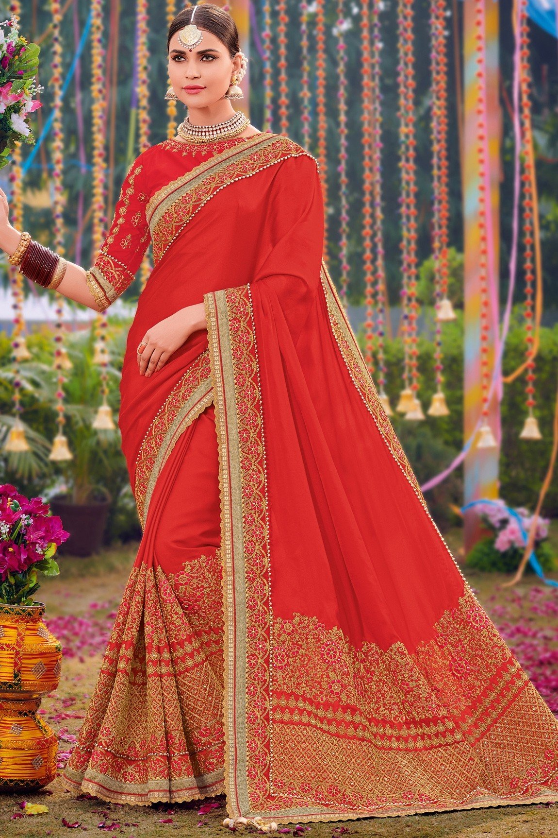 Red Two Tone Satin Saree