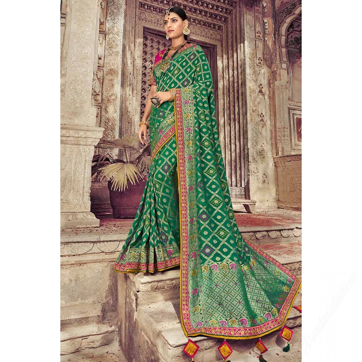 Jade Green Silk Saree With Banglori Silk Blouse