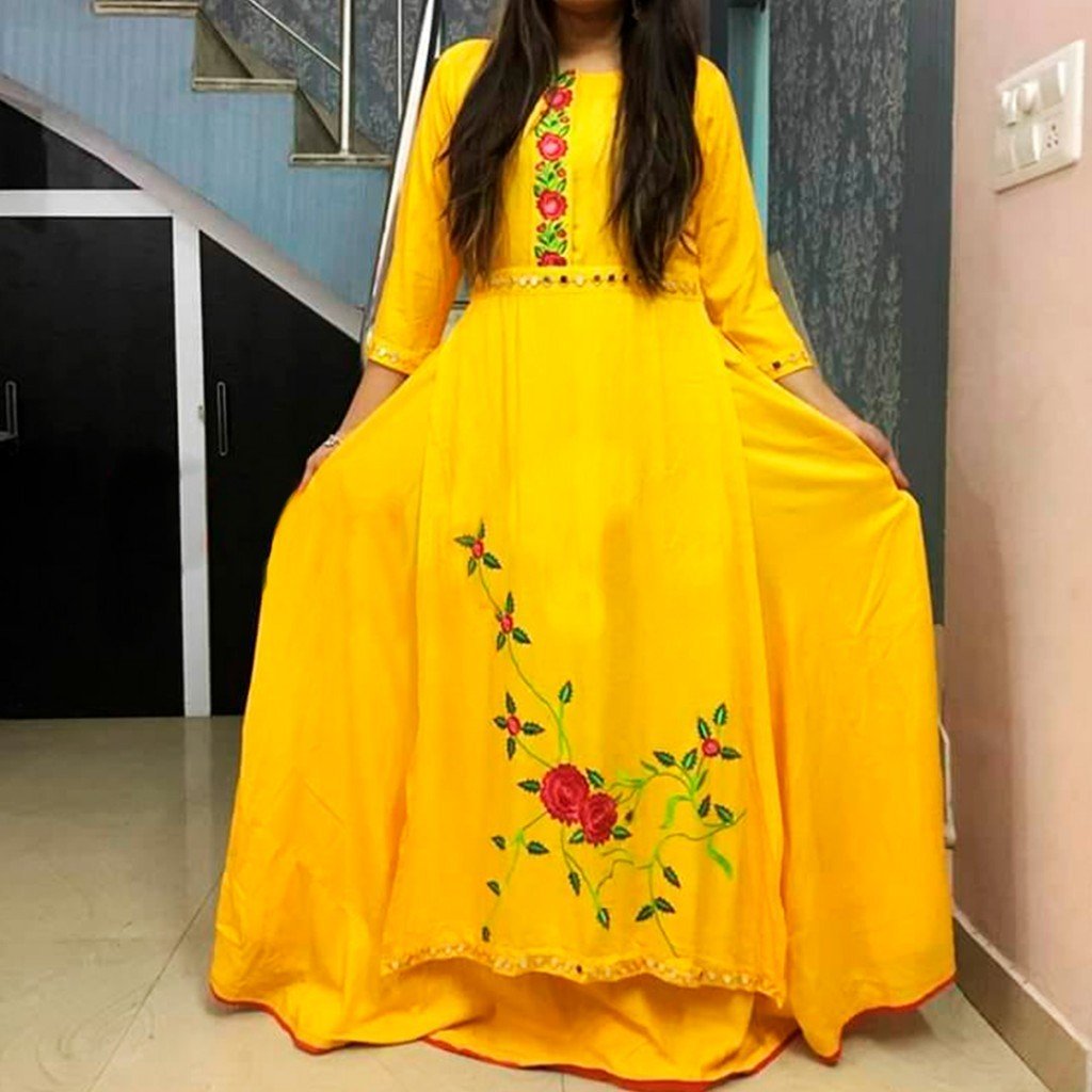 Designer Embroidered Rayon Yellow Kurti (Yellow Red)