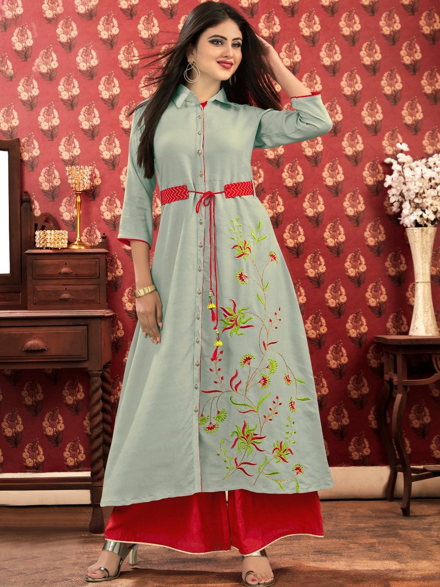 Olive Flared Rayon Kurta