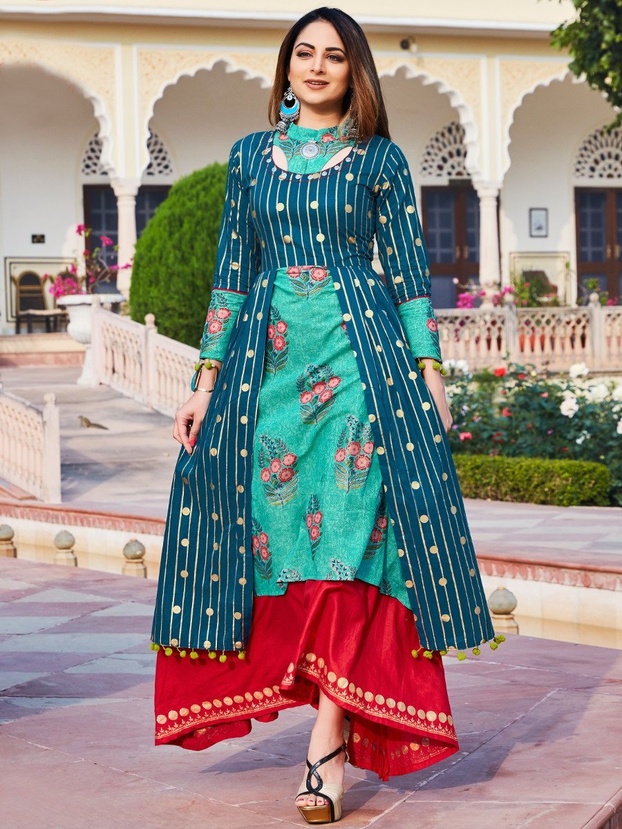 Teal & Red Printed Kurti