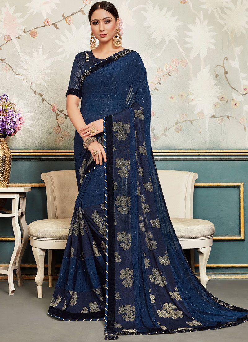 Lace Faux Chiffon Navy Blue Traditional Saree