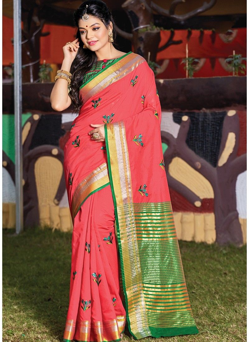 Latest Design Cotton Handloom Salmon Saree