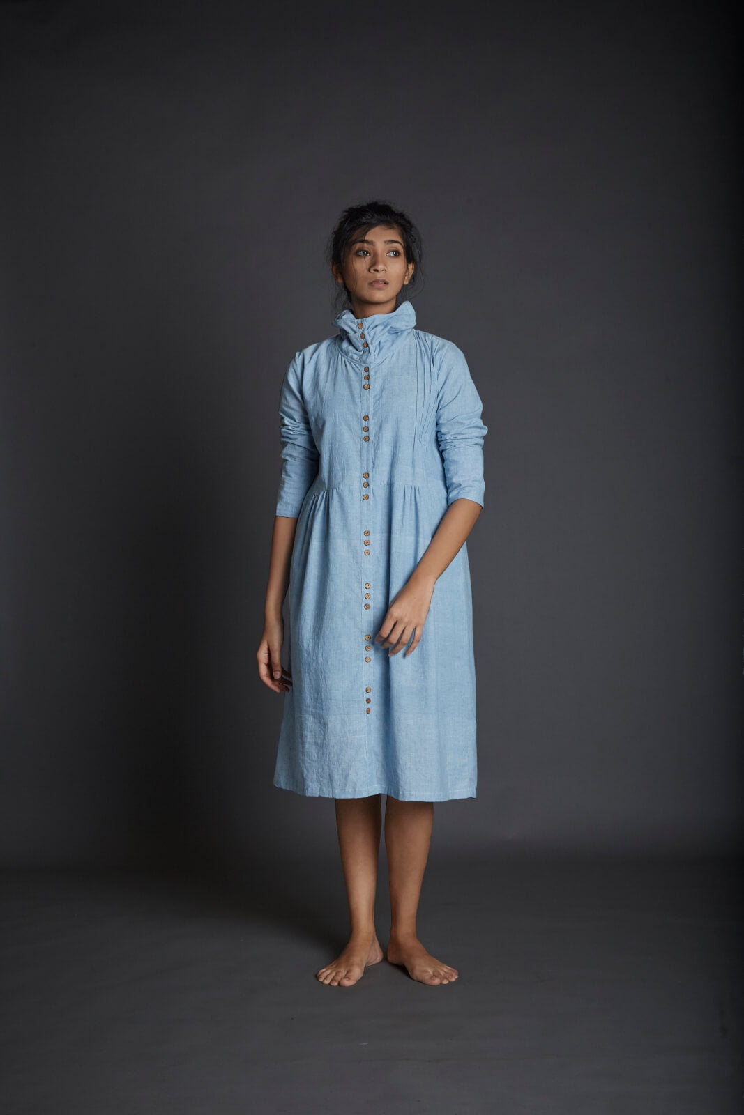 Light Blue Buttoned Down High Collar Dress