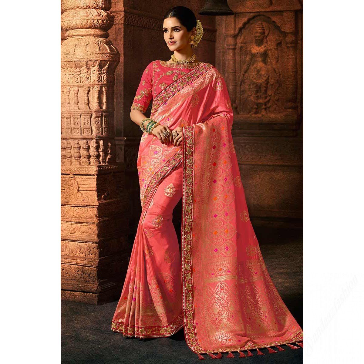 Light Carrot Pink Banarasi Silk Saree With Banglori Silk Blouse